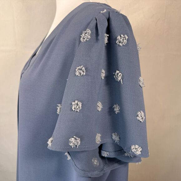 Aokosor Blouse Sz 2XL Light Blue VNeck front pleat Swiss Dot PomPom Short Sleeve - Picture 3 of 7